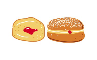 Pudralanmış Berliner hamur işleri ya da marmelatlı krepler. Şekerli donutlar ya da üstüne krema. Beyaz arkaplanda izole edilmiş çizgi film tarzında vektör illüstrasyonu.