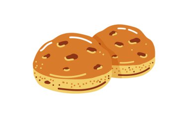 İngiltere 'de kahvaltıda iki kuru üzümlü, tatlı ya da tatlı çörek. Çizgi film düz stiliyle izole edilmiş basit vektör illüstrasyonu.