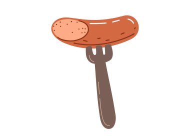 Çatalda ızgara sosis. Barbekü yiyecekler. Yılbaşı markında Almanya 'da abur cubur. Vektör illüstrasyonu