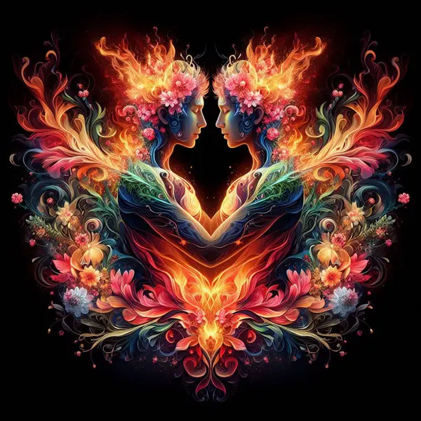 İkiz alev çifti. Ruh ikizi. Sihirli, esrarengiz, tantrik, ruhsal aşk kavramı. Ruhlar arasındaki bağ. Web siteleri ve daha fazlası için illüstrasyon. Üretken ai araçları kullanılarak oluşturuldu