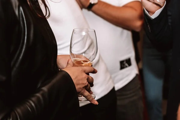 Glass White Wine Held Person Premium Wine Tasting Friends Loved — Stock Photo, Image