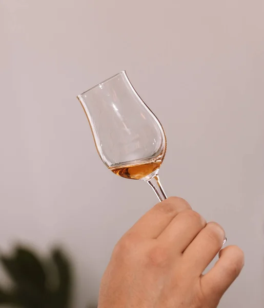 Glass Cognac Held Hand Presentation Selected Drinks Friends Lovers Strong — Stock Photo, Image
