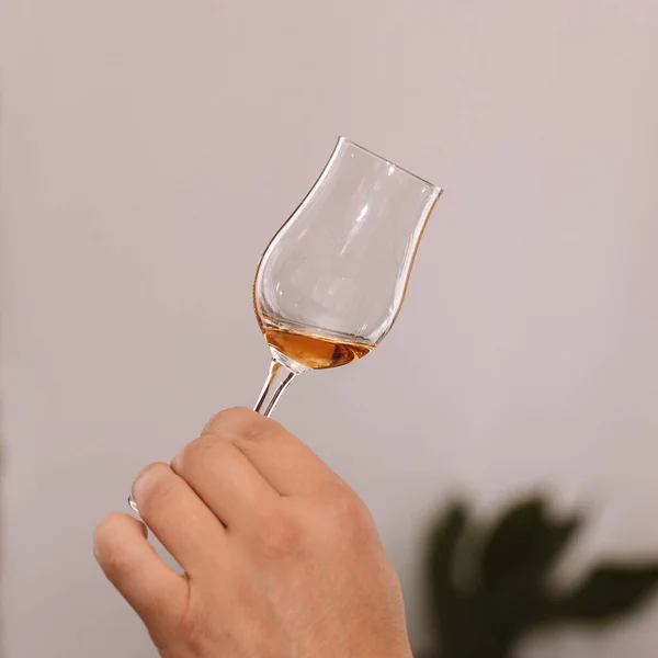 Bicchiere Cognac Tenuto Mano Una Presentazione Bevande Selezionate Con Amici — Foto Stock