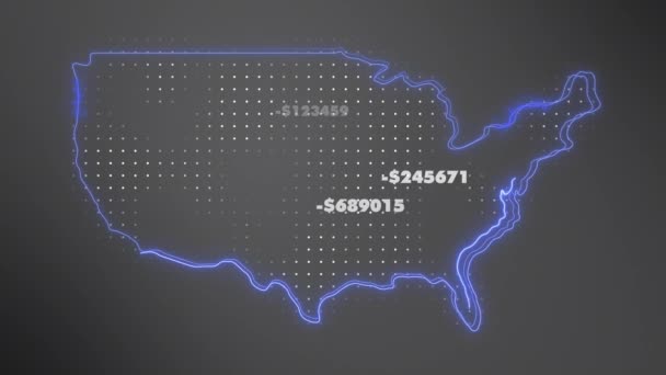 米国の概要ドルループの飛行負の量の境界線をマップします アメリカ地図の境界線のアウトライン 国から流れてくるお金の負の量 米国は毎日借金を増やしています 白い点とネオンブルーの国の国境 — ストック動画