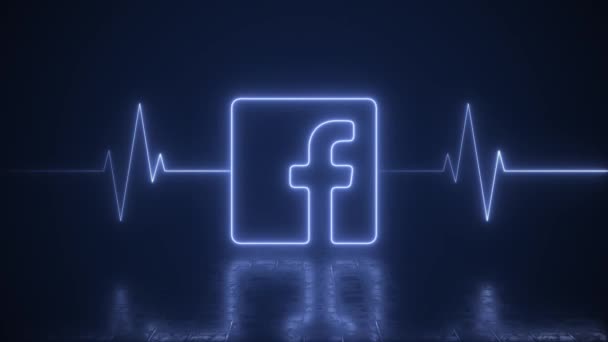 Logo Neon Facebook Con Heartbeat Line Life Support Loop Sfondo — Video Stock