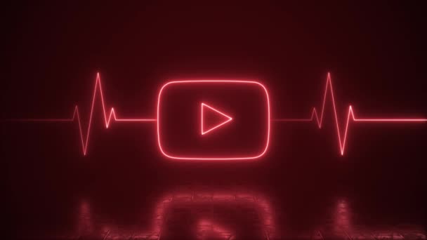 Neon Youtube Logo Mit Heartbeat Line Life Support Loop Hintergrund — Stockvideo