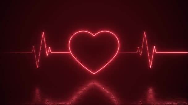 Coração Néon Com Fundo Loop Suporte Vida Linha Heartbeat — Vídeo de Stock
