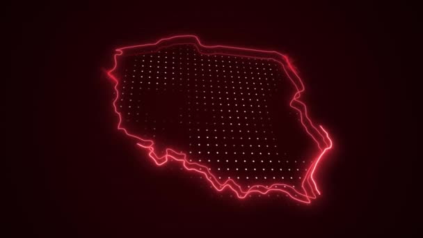 Poruszający Się Neon Czerwona Polska Mapa Granice Zarys Pętli Tło — Wideo stockowe