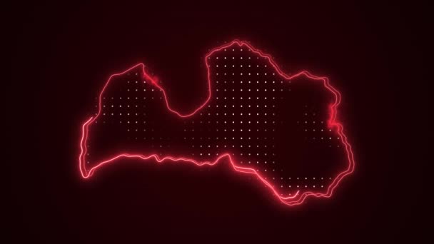 Neon Czerwona Łotwa Mapa Granice Zarys Pętli Tło — Wideo stockowe