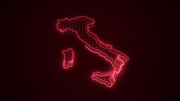 Bewegende Neon Red Italië Kaart Grenzen Achtergrond Van Lus — Stockvideo