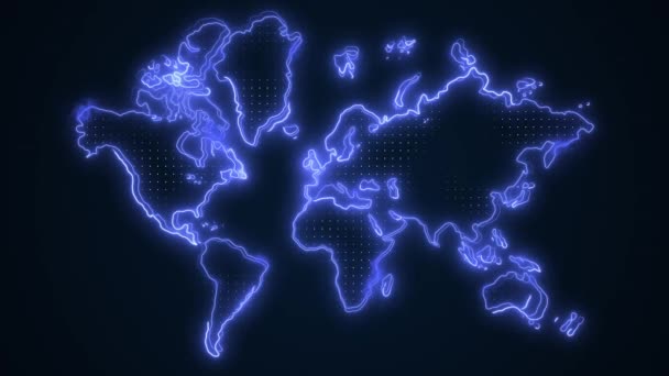 Neon Blue Mapa Del Mundo Fronteras Esquema Bucle Fondo — Vídeos de Stock