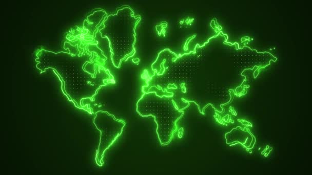 Neon Green World Map Borders Outline Loop Background — Stock Video
