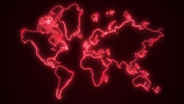 Zegar Neon Red World Mapa Granic Zarys Pętli Tle — Wideo stockowe