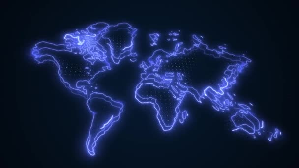 Bewegende Neon Blue World Map Borders Outline Loop Achtergrond — Stockvideo