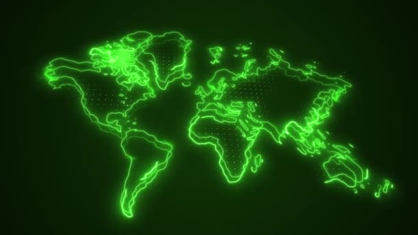 Moving Neon Green World Map Borders Outline Loop Background — Stock Video