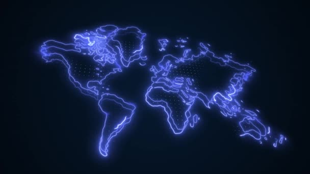 Neon Blue Mappa Del Mondo Confini Outline Loop Sfondo — Video Stock