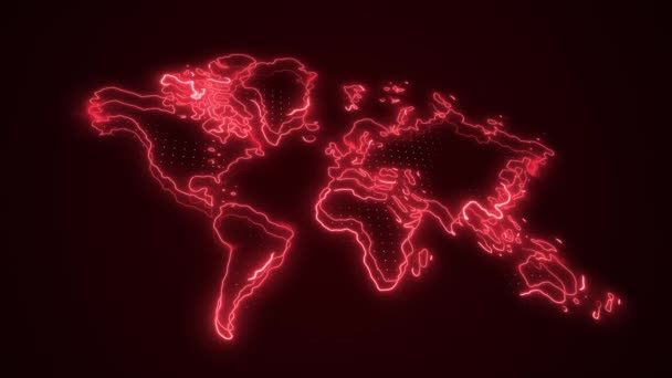 Neon Red Mapa Mundo Fronteiras Esboço Loop Fundo — Vídeo de Stock