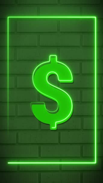 通貨ドル通貨見事な緑のネオンの境界線垂直形式のアニメーション — ストック動画