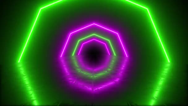 Rosa Und Grüne Neon Tunnel Achteck Geformten Figuren Hintergrundbild Gut — Stockvideo