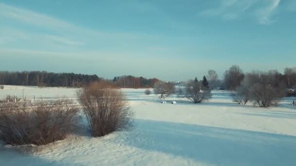 パークから凍る川へのドローン冬の午後 冬のドローン 雪と太陽 — ストック動画
