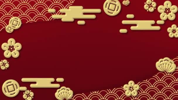 Animerade Kinesiska Nyår Loopable Bakgrund Med Traditionella Prydnader Gyllene Moln — Stockvideo