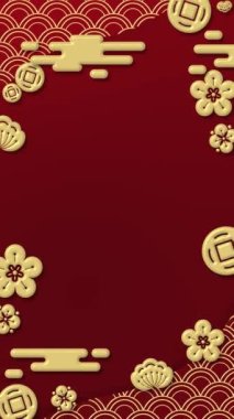 Animated Chinese New Year Loopable Vertical Background with traditional ornaments, golden clouds, sakura flowers. Perfect for New Year's projects, creating a festive mood. 4K Background Wallpaper.