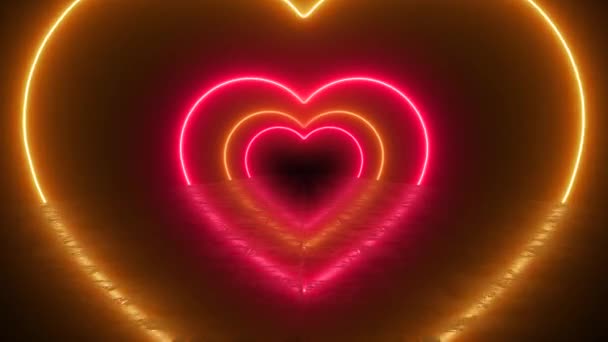Neon Heart Tunnel Valentinstag Romantische Wallpaper Hintergrund Rote Und Gelbe — Stockvideo