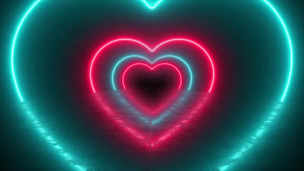 Neon Heart Tunnel Valentinstag Romantische Wallpaper Hintergrund Blaue Und Rote — Stockvideo