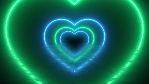 Tunel Neon Heart Valentýna Romantická Tapeta Pozadí Modrá Zelená Srdce — Stock video