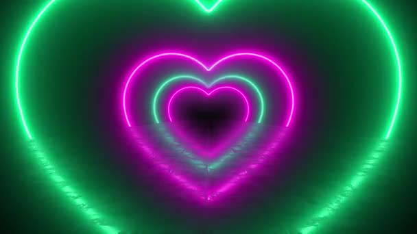 Neon Heart Tunnel Valentine Day Romantic Wallpaper Background Pink Green — Vídeo de stock