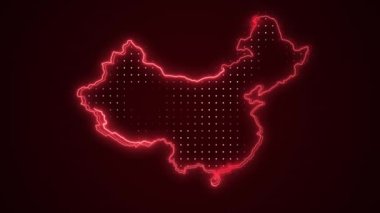 Neon Red China Haritası Sınır Çizgisi Döngü Arkaplanı. Neon Red Colored China Haritası Sınırları Kusursuz Döngüsüz Karanlık Arkaplan. Çin Neon Haritası Sınır Çizgileri.