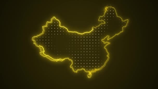 Neon Żółte Chiny Mapa Granice Zarys Pętli Tło Neon Żółty — Wideo stockowe