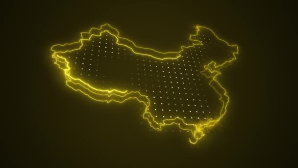 Neon Żółty Chiny Mapa Granice Zarys Pętli Tło Neon Żółty — Wideo stockowe