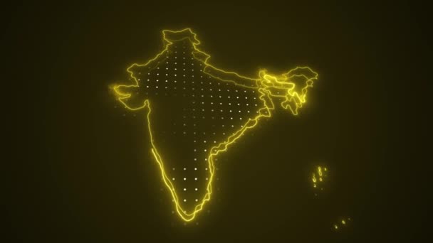Neon Amarelo Índia Mapa Fronteiras Esboço Loop Fundo Neon Amarelo — Vídeo de Stock