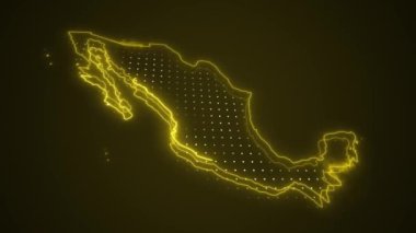 Neon Yellow Mexico Haritası Çevre Çizgisi Döngü Arkaplanı. Neon Yellow Renkli Meksika Haritası Sınırları Kusursuz Döngüsüz Karanlık Arkaplan. Meksika Neon Haritası Kenar Çizgileri.
