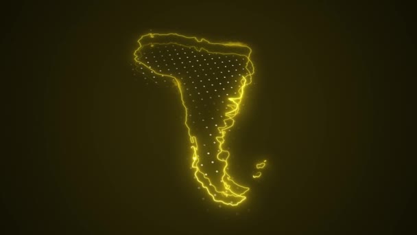 Neon Yellow South America Map Borders Outline Loop Background 霓虹灯黄色的南美洲地图边界轮廓无缝圈黑暗背景 — 图库视频影像