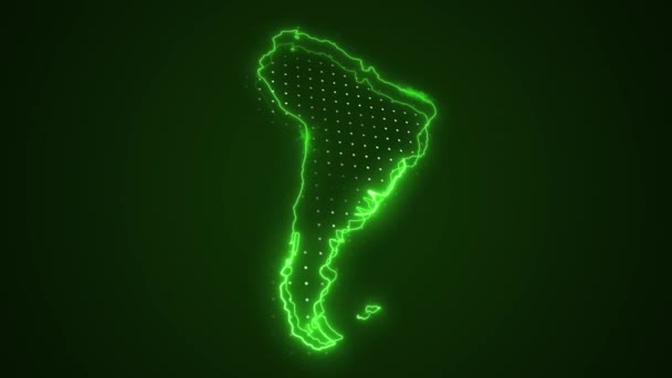 Neon Verde América Sul Mapa Fronteiras Esboço Loop Fundo Neon — Vídeo de Stock