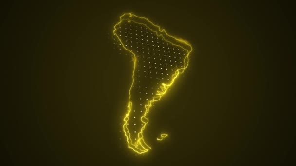 Neon Yellow South America Map Borders Outline Loop Background Inglês — Vídeo de Stock