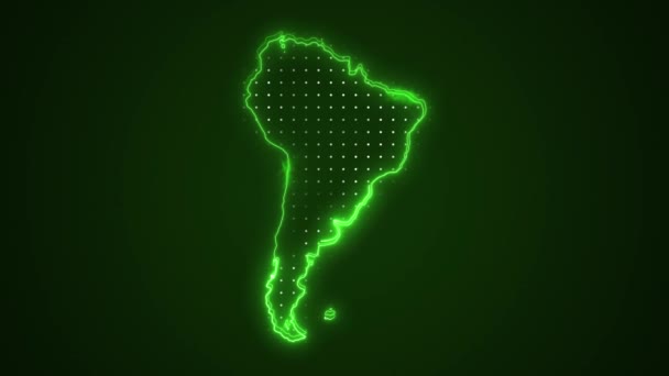 ネオングリーン南アメリカ地図境界線概要ループ背景 ネオングリーンカラー南アメリカ地図境界線概要シームレスループダーク背景 南米新地図境界線概要 — ストック動画