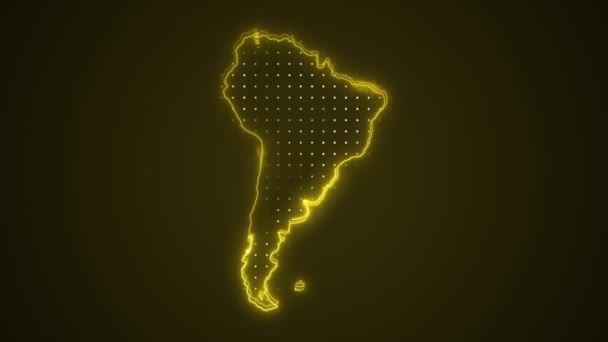 Neon Yellow South America Map Borders Outline Loop Background Inglês — Vídeo de Stock