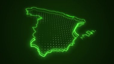 Neon Yeşil İspanya Haritası Çevre Çizgisi Döngü Arkaplanı. Neon Green Colored Spain Harita Sınırları Kusursuz Döngüsüz Karanlık Arkaplan. İspanya Neon Haritası Sınır Çizgileri.