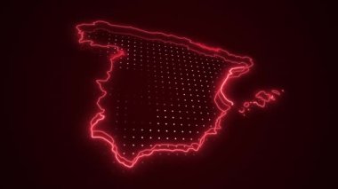 Neon Red Spain Haritası Çevre Çizgisi Döngü Arkaplanı. Neon Kırmızı Renkli İspanya Haritası Sınırları Kusursuz Döngüsüz Karanlık Arkaplan. İspanya Neon Haritası Sınır Çizgileri.
