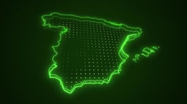 Neon Yeşil İspanya Haritası Çevre Çizgisi Döngü Arkaplanı. Neon Green Colored Spain Harita Sınırları Kusursuz Döngüsüz Karanlık Arkaplan. İspanya Neon Haritası Sınır Çizgileri.