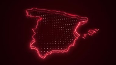 Neon Red Spain Haritası Çevre Çizgisi Döngü Arkaplanı. Neon Kırmızı Renkli İspanya Haritası Sınırları Kusursuz Döngüsüz Karanlık Arkaplan. İspanya Neon Haritası Sınır Çizgileri.