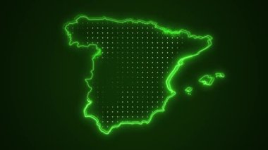 Neon Yeşil İspanya Haritası Çevre Çizgisi Döngü Arkaplanı. Neon Green Colored Spain Harita Sınırları Kusursuz Döngüsüz Karanlık Arkaplan. İspanya Neon Haritası Sınır Çizgileri.