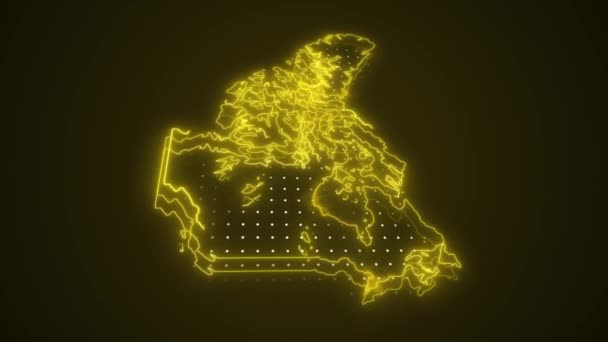 Neon Yellow Canada地图边界轮廓圈背景 霓虹灯黄色的加拿大地图边界轮廓无缝圈黑暗背景 加拿大霓虹灯地图边界概要 — 图库视频影像