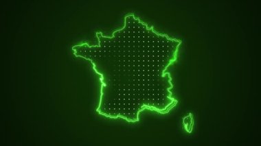 Neon Green France Haritası Sınır Çizgisi Döngü Arkaplanı. Neon Green Colored France Haritası Sınırları Kusursuz Döngüsüz Karanlık Arkaplan. Fransa Neon Haritası Sınır Çizgileri.