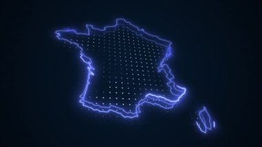 Neon Blue France Haritası Sınır Çizgisi Döngü Arkaplanı. Neon Blue Colored France Haritası Sınırları Kusursuz Döngüsüz Karanlık Arkaplan. Fransa Neon Haritası Sınır Çizgileri.