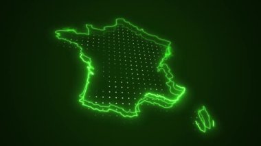 Neon Green France Haritası Sınır Çizgisi Döngü Arkaplanı. Neon Green Colored France Haritası Sınırları Kusursuz Döngüsüz Karanlık Arkaplan. Fransa Neon Haritası Sınır Çizgileri.