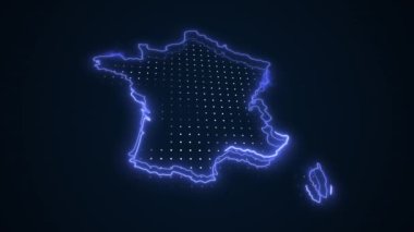 Neon Blue France Haritası Sınır Çizgisi Döngü Arkaplanı. Neon Blue Colored France Haritası Sınırları Kusursuz Döngüsüz Karanlık Arkaplan. Fransa Neon Haritası Sınır Çizgileri.